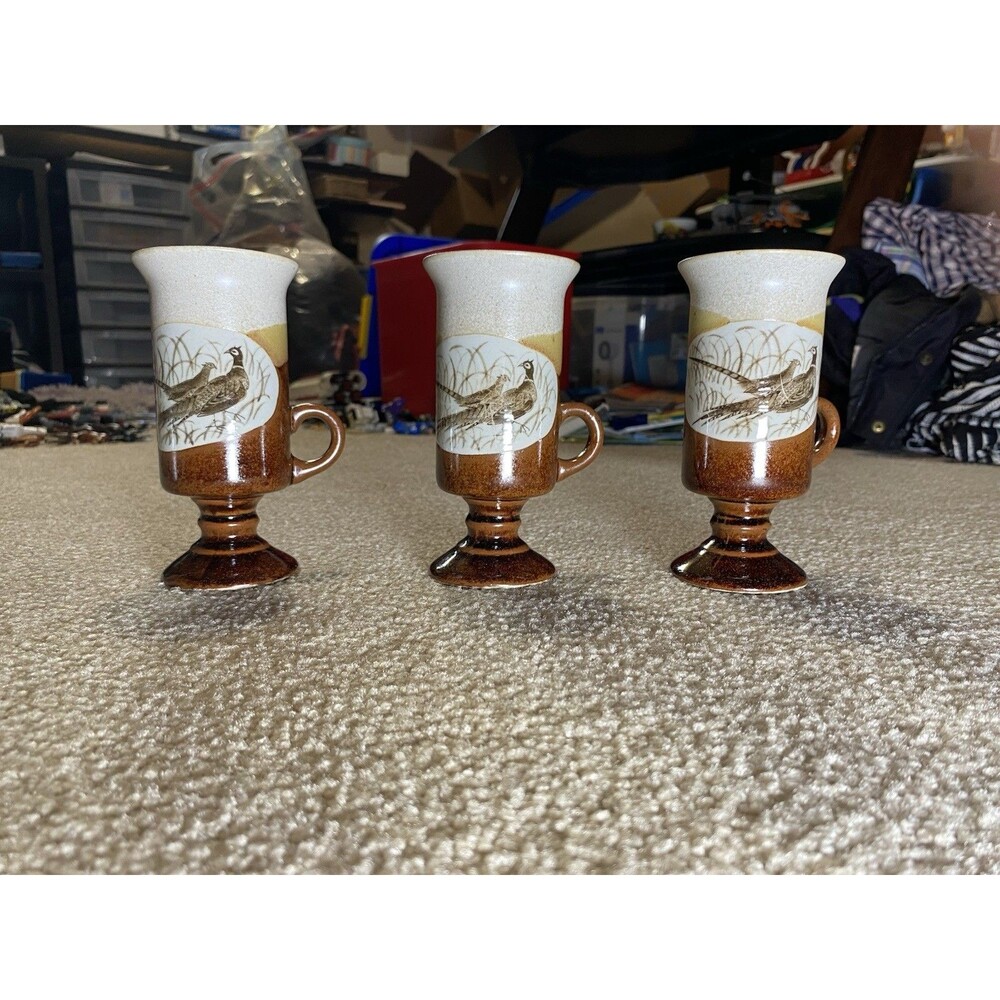 Otagiri Vintage Pheasant Pedestal Mugs Hand Crafted Japan Set of 3
